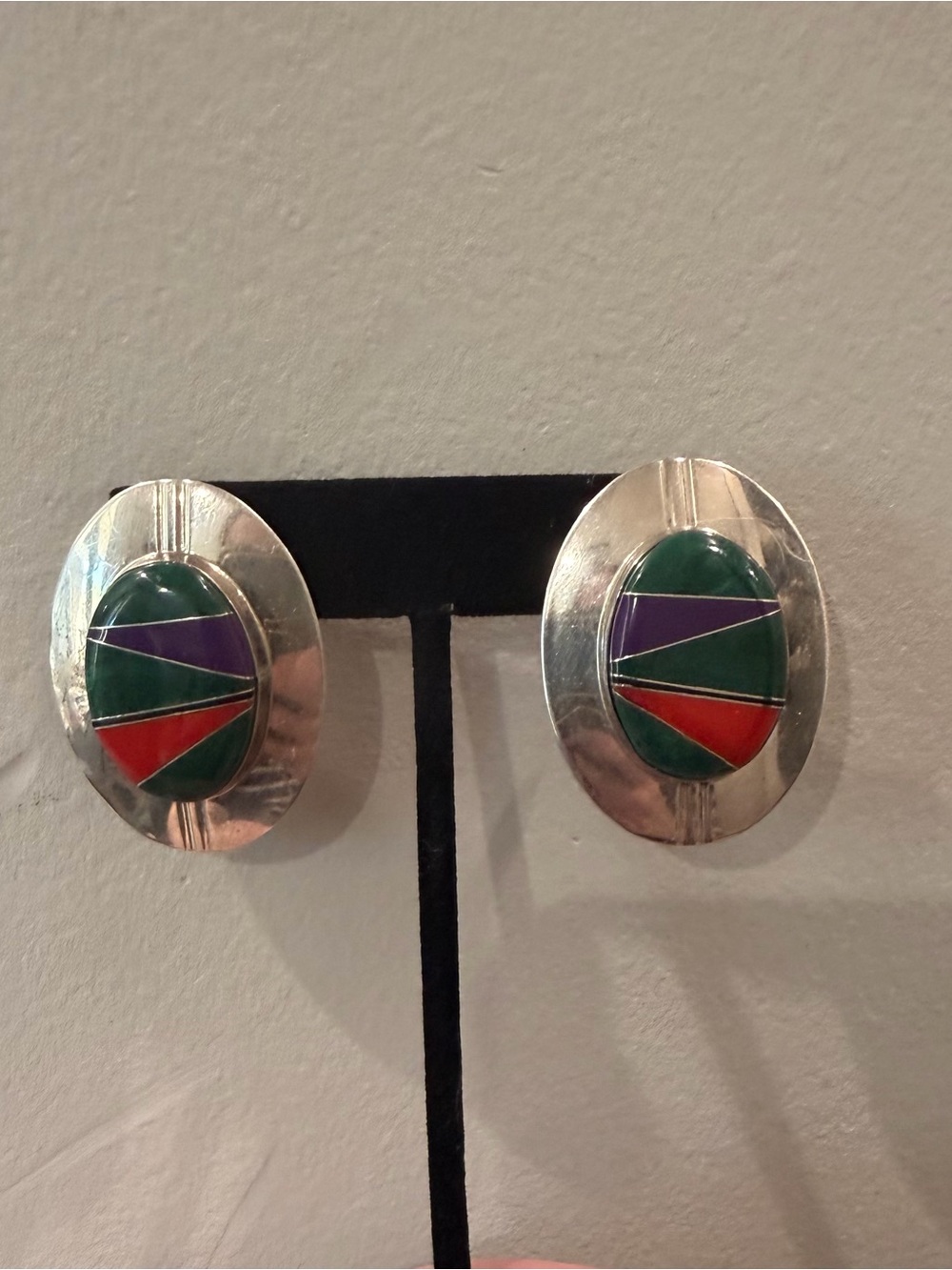 Signed FM Sterling Oval Multi-Stone Inlay Statement Earrings Malachite Coral